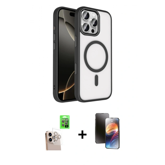 MARSİLYAN™- iPhone 16 Pro Max Kılıf Kıvılcım Prime - Siyah 3D Antistatik Mat Seramik Nano Ekran Koruyucu + Raze Metal Kamera Lens - NLGY