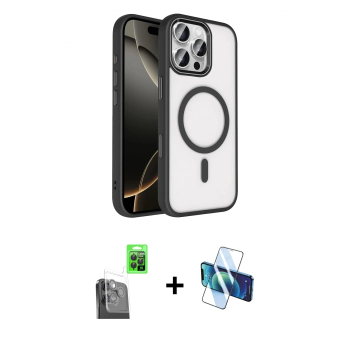 MARSİLYAN™- iPhone 16 Pro Max Kılıf Kıvılcım Prime - Siyah 3D Antistatik Seramik Nano Ekran Koruyucu + Raze Metal Kamera Lens - SH