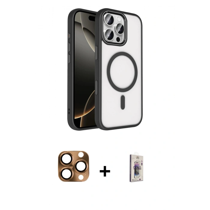 MARSİLYAN™- iPhone 16 Pro Max Kılıf Kıvılcım Prime - Siyah Bilvis 3D Cam Ekran Koruyucu + Pers Alüminyum Kamera Lens - CLTM