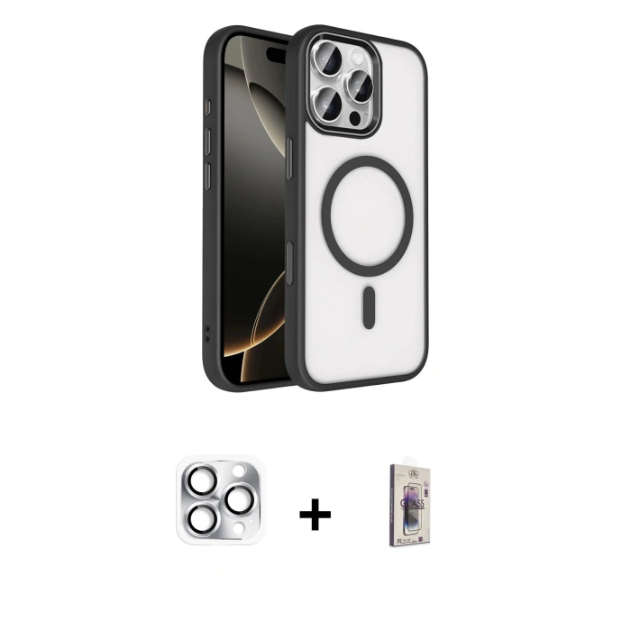 MARSİLYAN™- iPhone 16 Pro Max Kılıf Kıvılcım Prime - Siyah Bilvis 3D Cam Ekran Koruyucu + Pers Alüminyum Kamera Lens - GS