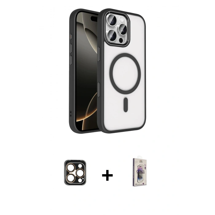 MARSİLYAN™- iPhone 16 Pro Max Kılıf Kıvılcım Prime - Siyah Bilvis 3D Cam Ekran Koruyucu + PVD Metal Kamera Lens - GD