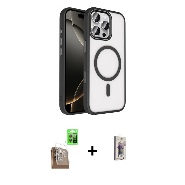 MARSİLYAN™- iPhone 16 Pro Max Kılıf Kıvılcım Prime - Siyah Bilvis 3D Cam Ekran Koruyucu + Raze Metal Kamera Lens - CLTM