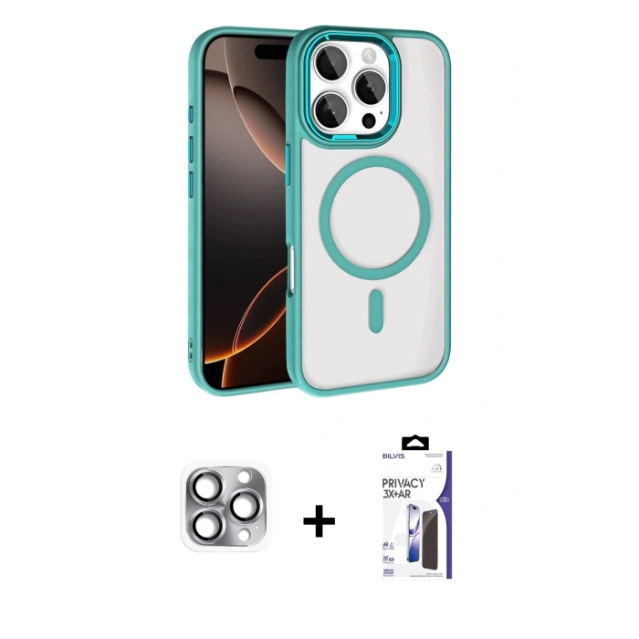 MARSİLYAN™- iPhone 16 Pro Max Kılıf Kıvılcım Prime - Siyah Bilvis 3X AR Hayalet Cam Ekran Koruyucu + Pers Alüminyum Kamera Lens - GI