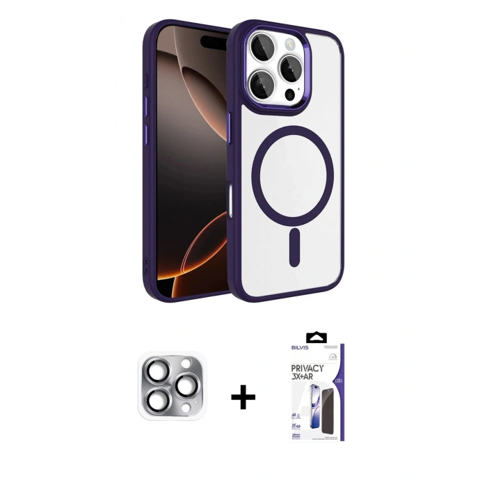 MARSİLYAN™- iPhone 16 Pro Max Kılıf Kıvılcım Prime - Siyah Bilvis 3X AR Hayalet Cam Ekran Koruyucu + Pers Alüminyum Kamera Lens - GI