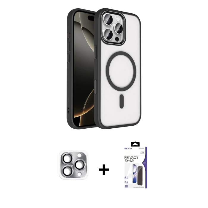 MARSİLYAN™- iPhone 16 Pro Max Kılıf Kıvılcım Prime - Siyah Bilvis 3X AR Hayalet Cam Ekran Koruyucu + Pers Alüminyum Kamera Lens - GI