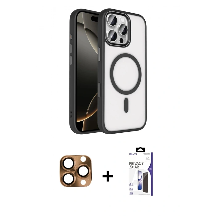 MARSİLYAN™- iPhone 16 Pro Max Kılıf Kıvılcım Prime - Siyah Bilvis 3X AR Hayalet Cam Ekran Koruyucu + Pers Alüminyum Kamera Lens - CLTM