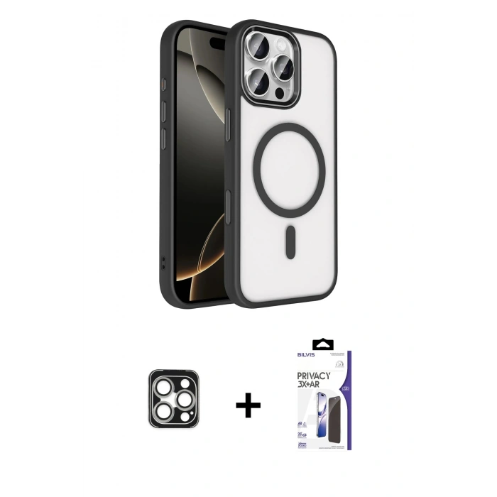 MARSİLYAN™- iPhone 16 Pro Max Kılıf Kıvılcım Prime - Siyah Bilvis 3X AR Hayalet Cam Ekran Koruyucu + PVD Metal Kamera Lens - GS