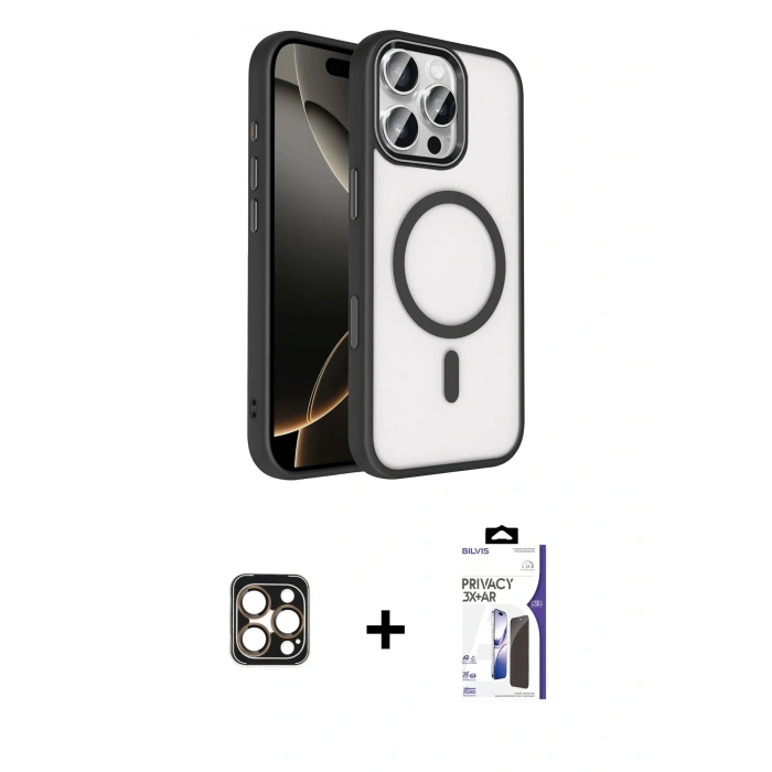 MARSİLYAN™- iPhone 16 Pro Max Kılıf Kıvılcım Prime - Siyah Bilvis 3X AR Hayalet Cam Ekran Koruyucu + PVD Metal Kamera Lens - GD