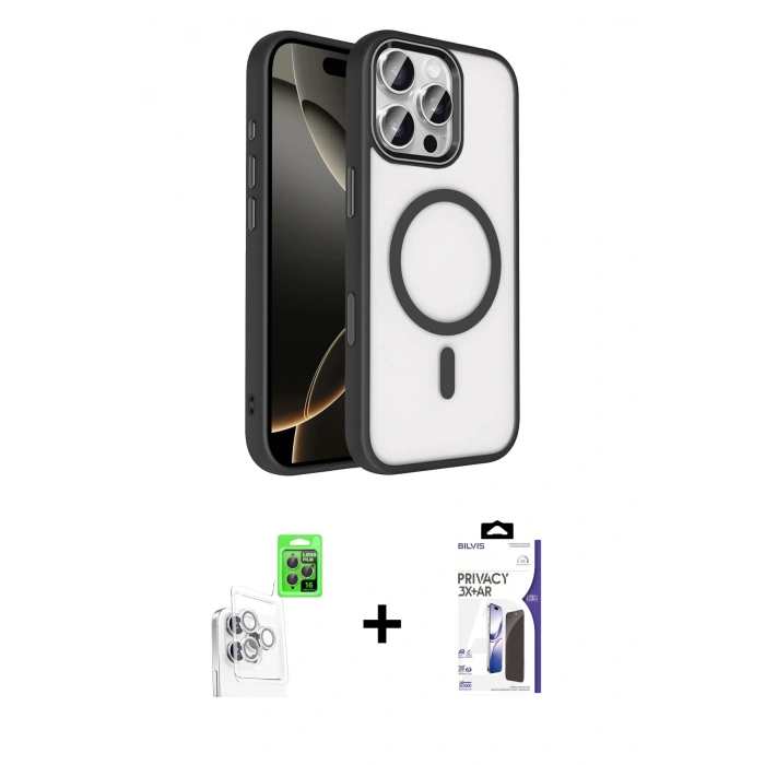 MARSİLYAN™- iPhone 16 Pro Max Kılıf Kıvılcım Prime - Siyah Bilvis 3X AR Hayalet Cam Ekran Koruyucu + Raze Metal Kamera Lens - BZ
