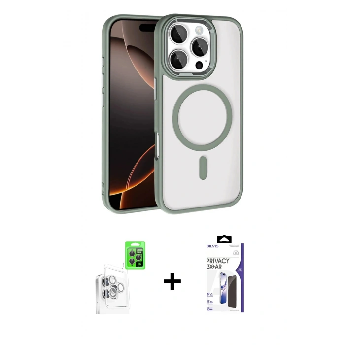 MARSİLYAN™- iPhone 16 Pro Max Kılıf Kıvılcım Prime - Siyah Bilvis 3X AR Hayalet Cam Ekran Koruyucu + Raze Metal Kamera Lens - BZ