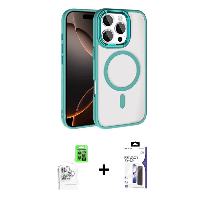 MARSİLYAN™- iPhone 16 Pro Max Kılıf Kıvılcım Prime - Siyah Bilvis 3X AR Hayalet Cam Ekran Koruyucu + Raze Metal Kamera Lens - BZ