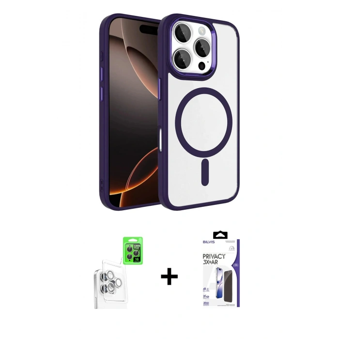 MARSİLYAN™- iPhone 16 Pro Max Kılıf Kıvılcım Prime - Siyah Bilvis 3X AR Hayalet Cam Ekran Koruyucu + Raze Metal Kamera Lens - BZ