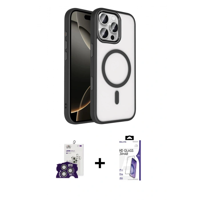 MARSİLYAN™- iPhone 16 Pro Max Kılıf Kıvılcım Prime - Siyah Bilvis 3X AR HD Cam Ekran Koruyucu + Bilvis Titan Kamera Lens - GS