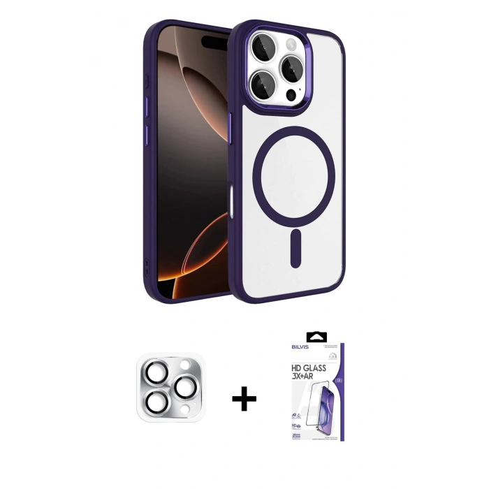 MARSİLYAN™- iPhone 16 Pro Max Kılıf Kıvılcım Prime - Siyah Bilvis 3X AR HD Cam Ekran Koruyucu + Pers Alüminyum Kamera Lens - GS