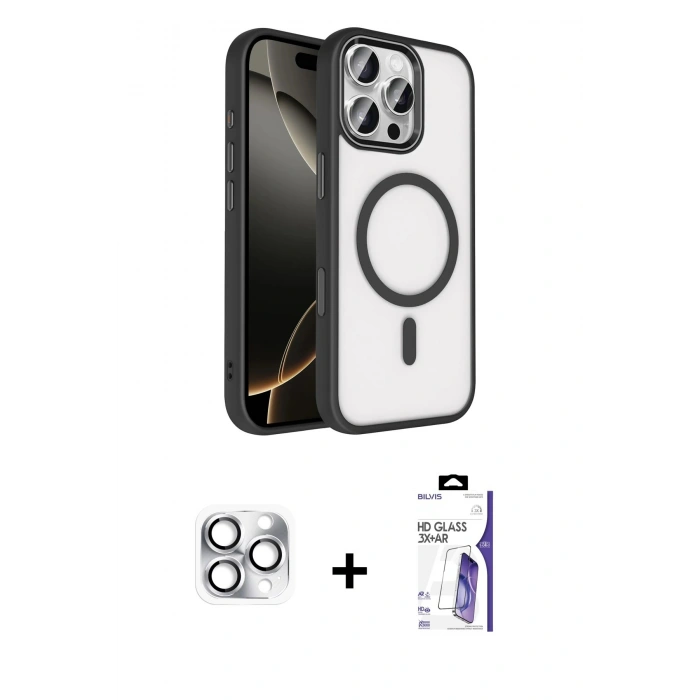 MARSİLYAN™- iPhone 16 Pro Max Kılıf Kıvılcım Prime - Siyah Bilvis 3X AR HD Cam Ekran Koruyucu + Pers Alüminyum Kamera Lens - GS