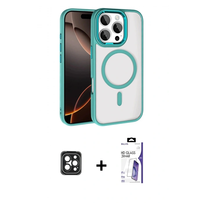 MARSİLYAN™- iPhone 16 Pro Max Kılıf Kıvılcım Prime - Siyah Bilvis 3X AR HD Cam Ekran Koruyucu + PVD Metal Kamera Lens - SH