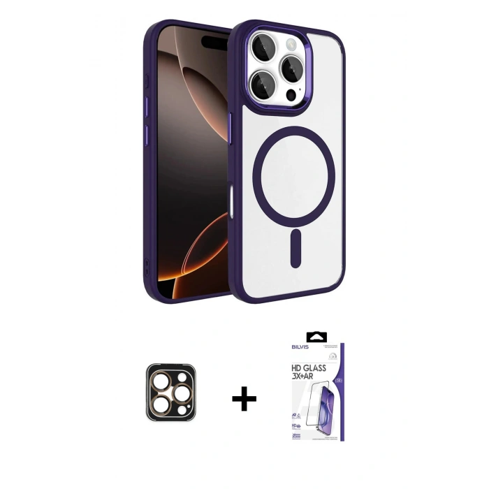 MARSİLYAN™- iPhone 16 Pro Max Kılıf Kıvılcım Prime - Siyah Bilvis 3X AR HD Cam Ekran Koruyucu + PVD Metal Kamera Lens - GD