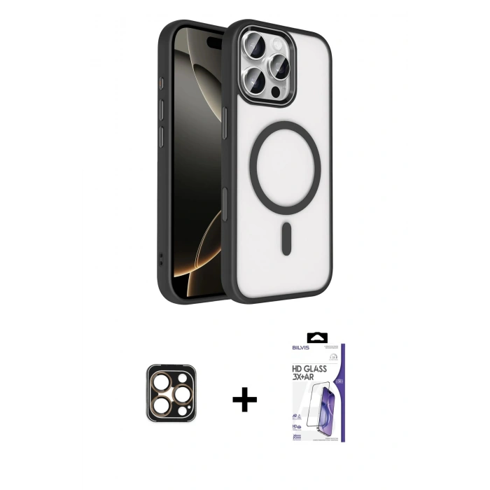 MARSİLYAN™- iPhone 16 Pro Max Kılıf Kıvılcım Prime - Siyah Bilvis 3X AR HD Cam Ekran Koruyucu + PVD Metal Kamera Lens - GD
