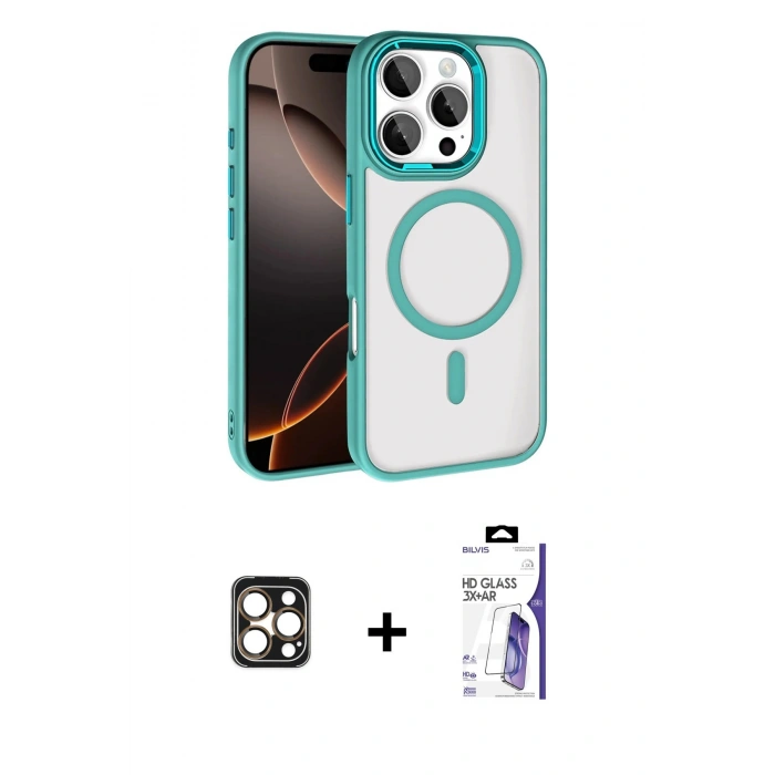 MARSİLYAN™- iPhone 16 Pro Max Kılıf Kıvılcım Prime - Siyah Bilvis 3X AR HD Cam Ekran Koruyucu + PVD Metal Kamera Lens - GD