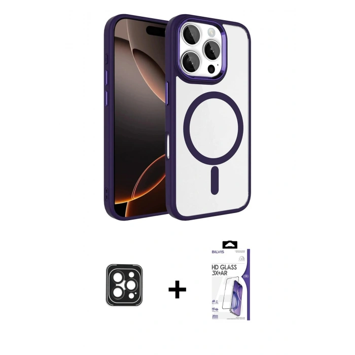 MARSİLYAN™- iPhone 16 Pro Max Kılıf Kıvılcım Prime - Siyah Bilvis 3X AR HD Cam Ekran Koruyucu + PVD Metal Kamera Lens - SH