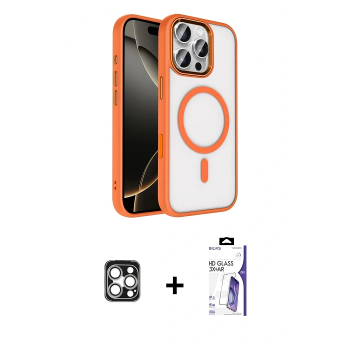 MARSİLYAN™- iPhone 16 Pro Max Kılıf Kıvılcım Prime - Siyah Bilvis 3X AR HD Cam Ekran Koruyucu + PVD Metal Kamera Lens - GS