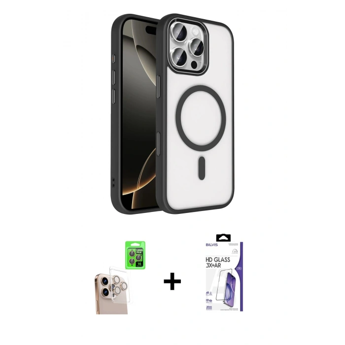 MARSİLYAN™- iPhone 16 Pro Max Kılıf Kıvılcım Prime - Siyah Bilvis 3X AR HD Cam Ekran Koruyucu + Raze Metal Kamera Lens - NLGY