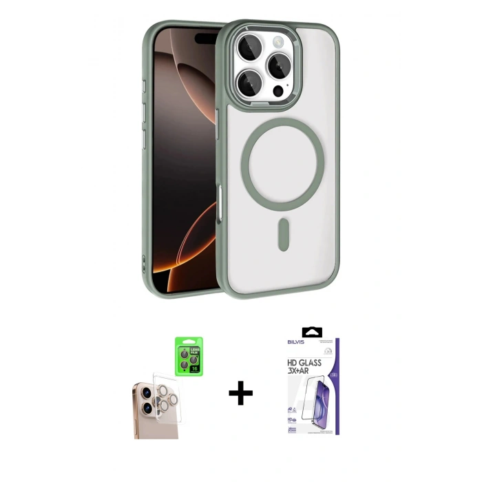 MARSİLYAN™- iPhone 16 Pro Max Kılıf Kıvılcım Prime - Siyah Bilvis 3X AR HD Cam Ekran Koruyucu + Raze Metal Kamera Lens - NLGY