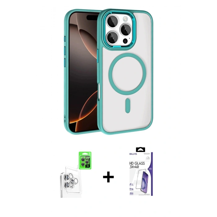 MARSİLYAN™- iPhone 16 Pro Max Kılıf Kıvılcım Prime - Siyah Bilvis 3X AR HD Cam Ekran Koruyucu + Raze Metal Kamera Lens - BZ