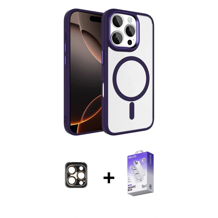 MARSİLYAN™- iPhone 16 Pro Max Kılıf Kıvılcım Prime - Siyah Bilvis 5in1 3D Magic Cam Ekran Koruyucu + PVD Metal Kamera Lens - GD