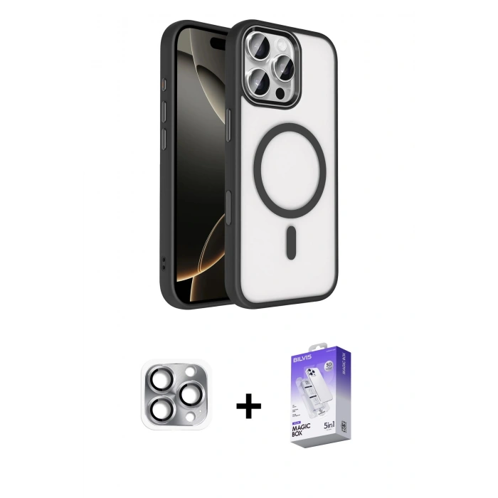 MARSİLYAN™- iPhone 16 Pro Max Kılıf Kıvılcım Prime - Siyah Bilvis 5in1 3D Magic Cam Ekran Koruyucu + Pers Alüminyum Kamera Lens - GI
