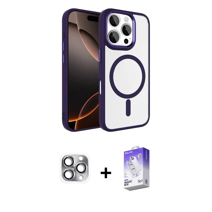 MARSİLYAN™- iPhone 16 Pro Max Kılıf Kıvılcım Prime - Siyah Bilvis 5in1 3D Magic Cam Ekran Koruyucu + Pers Alüminyum Kamera Lens - GI