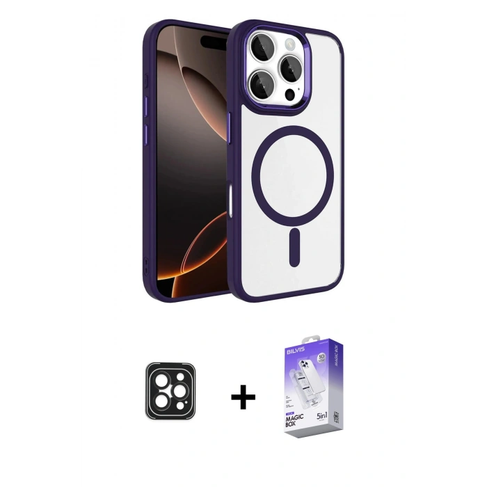 MARSİLYAN™- iPhone 16 Pro Max Kılıf Kıvılcım Prime - Siyah Bilvis 5in1 3D Magic Cam Ekran Koruyucu + PVD Metal Kamera Lens - SH