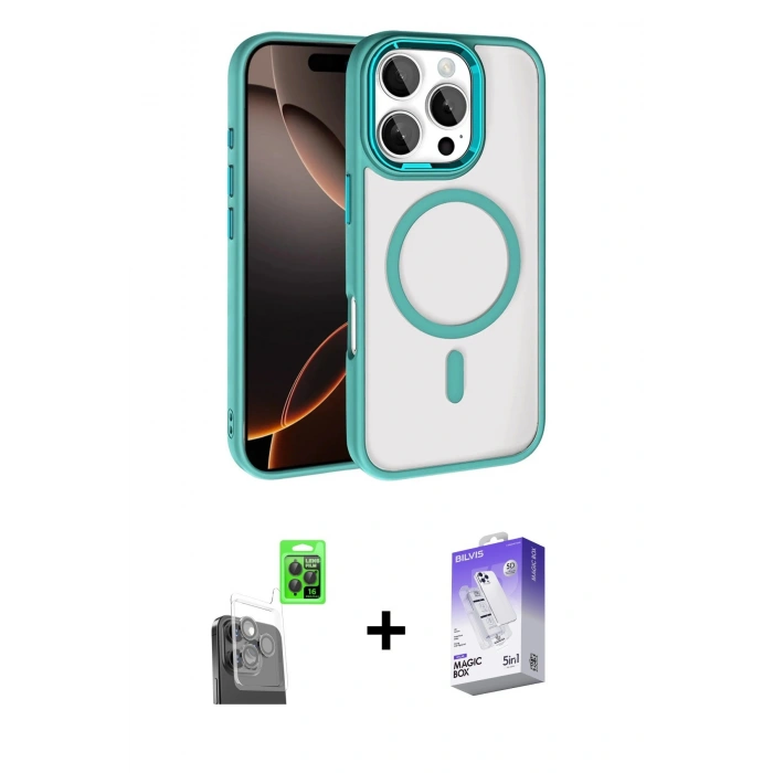 MARSİLYAN™- iPhone 16 Pro Max Kılıf Kıvılcım Prime - Siyah Bilvis 5in1 3D Magic Cam Ekran Koruyucu + Raze Metal Kamera Lens - SH