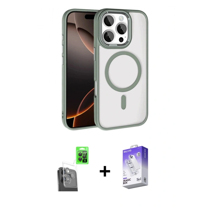 MARSİLYAN™- iPhone 16 Pro Max Kılıf Kıvılcım Prime - Siyah Bilvis 5in1 3D Magic Cam Ekran Koruyucu + Raze Metal Kamera Lens - SH