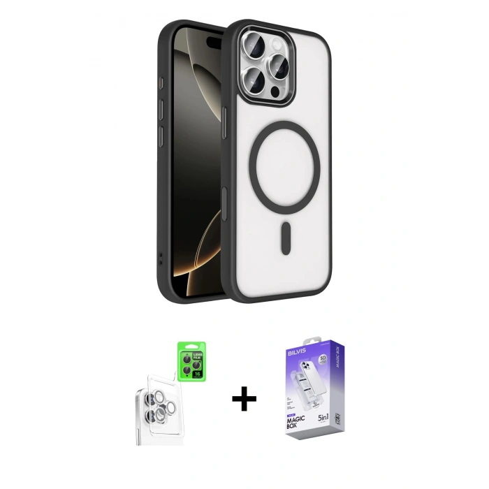 MARSİLYAN™- iPhone 16 Pro Max Kılıf Kıvılcım Prime - Siyah Bilvis 5in1 3D Magic Cam Ekran Koruyucu + Raze Metal Kamera Lens - BZ