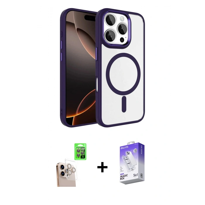 MARSİLYAN™- iPhone 16 Pro Max Kılıf Kıvılcım Prime - Siyah Bilvis 5in1 3D Magic Cam Ekran Koruyucu + Raze Metal Kamera Lens - NLGY