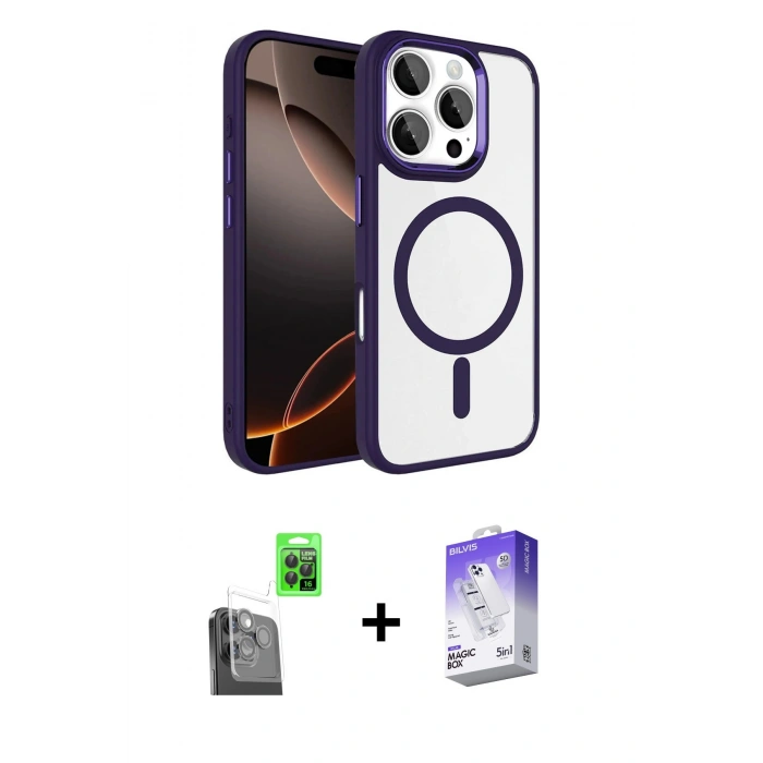 MARSİLYAN™- iPhone 16 Pro Max Kılıf Kıvılcım Prime - Siyah Bilvis 5in1 3D Magic Cam Ekran Koruyucu + Raze Metal Kamera Lens - SH