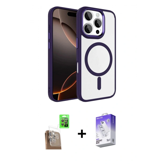 MARSİLYAN™- iPhone 16 Pro Max Kılıf Kıvılcım Prime - Siyah Bilvis 5in1 3D Magic Cam Ekran Koruyucu + Raze Metal Kamera Lens - CLTM