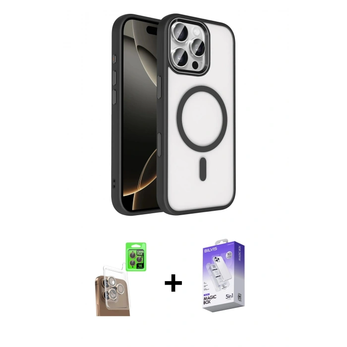 MARSİLYAN™- iPhone 16 Pro Max Kılıf Kıvılcım Prime - Siyah Bilvis 5in1 3D Magic Cam Ekran Koruyucu + Raze Metal Kamera Lens - CLTM