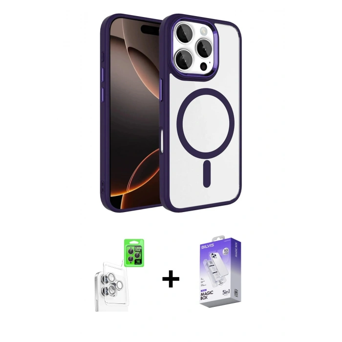 MARSİLYAN™- iPhone 16 Pro Max Kılıf Kıvılcım Prime - Siyah Bilvis 5in1 3D Magic Cam Ekran Koruyucu + Raze Metal Kamera Lens - BZ