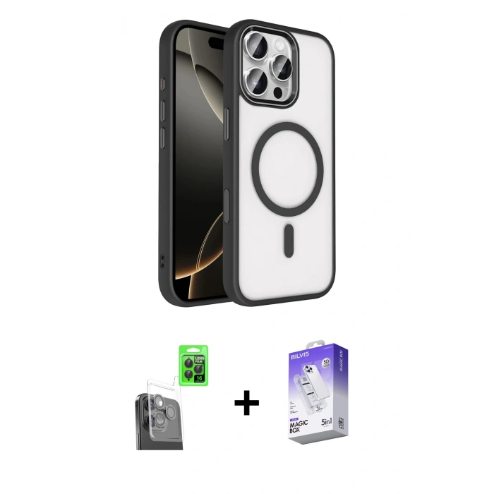 MARSİLYAN™- iPhone 16 Pro Max Kılıf Kıvılcım Prime - Siyah Bilvis 5in1 3D Magic Cam Ekran Koruyucu + Raze Metal Kamera Lens - SH