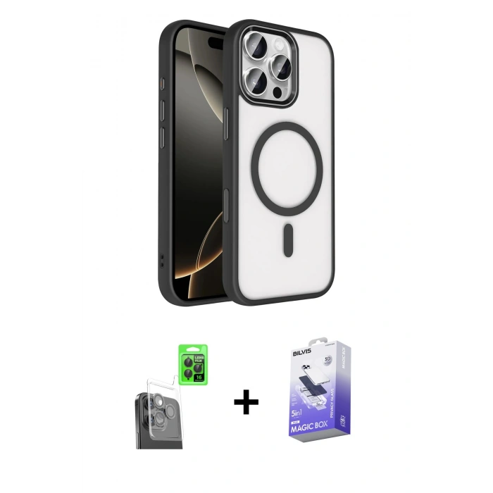 MARSİLYAN™- iPhone 16 Pro Max Kılıf Kıvılcım Prime - Siyah Bilvis 5in1 5D Magic Hayalet Cam Ekran Koruyucu + Raze Metal Kamera Lens - SH