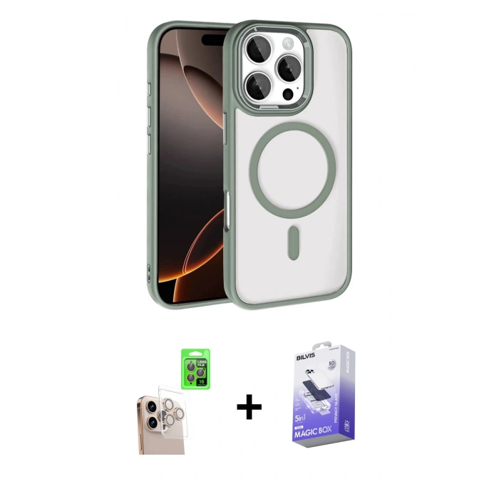 MARSİLYAN™- iPhone 16 Pro Max Kılıf Kıvılcım Prime - Siyah Bilvis 5in1 5D Magic Hayalet Cam Ekran Koruyucu + Raze Metal Kamera Lens - NLGY