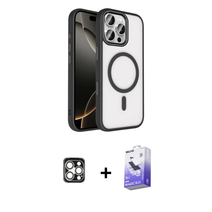 MARSİLYAN™- iPhone 16 Pro Max Kılıf Kıvılcım Prime - Siyah Bilvis 5in1 5D Magic Hayalet Cam Ekran Koruyucu + PVD Metal Kamera Lens - GS