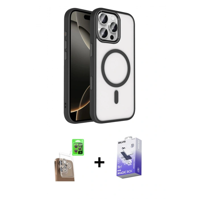 MARSİLYAN™- iPhone 16 Pro Max Kılıf Kıvılcım Prime - Siyah Bilvis 5in1 5D Magic Hayalet Cam Ekran Koruyucu + Raze Metal Kamera Lens - CLTM