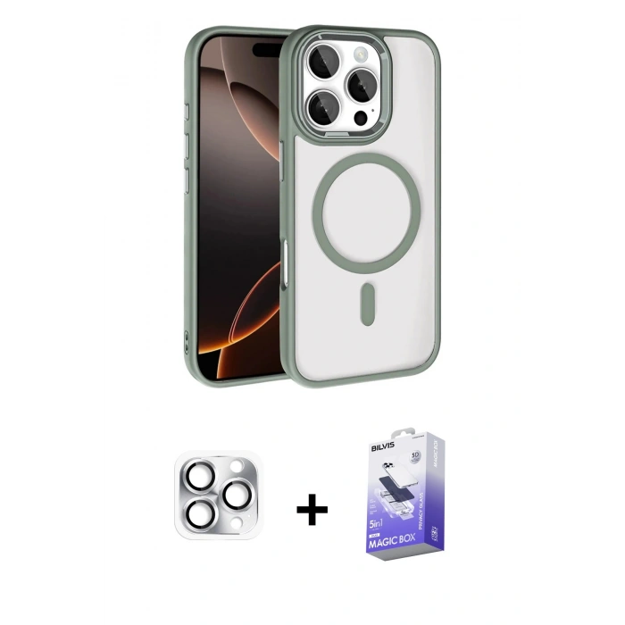 MARSİLYAN™- iPhone 16 Pro Max Kılıf Kıvılcım Prime - Siyah Bilvis 5in1 5D Magic Hayalet Cam Ekran Koruyucu + Gümüş Pers Alüminyum Kamera Lens