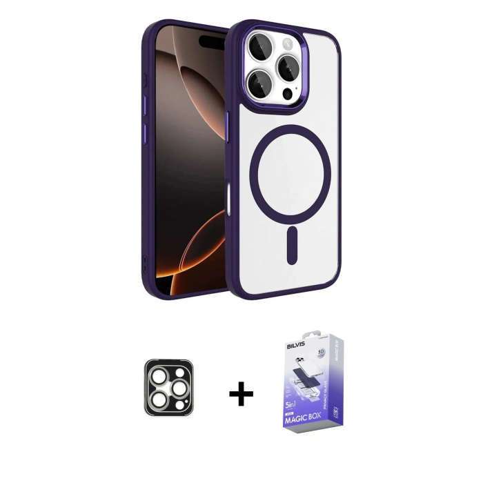 MARSİLYAN™- iPhone 16 Pro Max Kılıf Kıvılcım Prime - Siyah Bilvis 5in1 5D Magic Hayalet Cam Ekran Koruyucu + PVD Metal Kamera Lens - GS