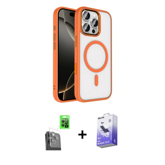 MARSİLYAN™- iPhone 16 Pro Max Kılıf Kıvılcım Prime - Siyah Bilvis 5in1 5D Magic Hayalet Cam Ekran Koruyucu + Raze Metal Kamera Lens - SH