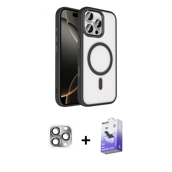 MARSİLYAN™- iPhone 16 Pro Max Kılıf Kıvılcım Prime - Siyah Bilvis 5in1 5D Magic Hayalet Cam Ekran Koruyucu + Gri Pers Alüminyum Kamera Lens