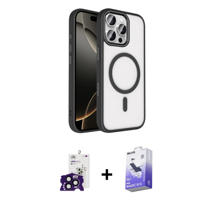 MARSİLYAN™- iPhone 16 Pro Max Kılıf Kıvılcım Prime - Siyah Bilvis 5in1 5D Magic Hayalet Cam Ekran Koruyucu + Bilvis Titan Kamera Lens - SH